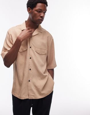 Topman short sleeve relaxed revere double pocket striped shirt in camel - ASOS Price Checker