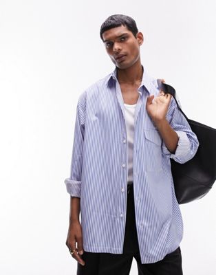 Topman long sleeve oversized one pocket striped shirt in blue - ASOS Price Checker