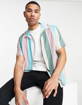 Chemises Topman - Chemise rayée en viscose à manches courtes - Multicolore
