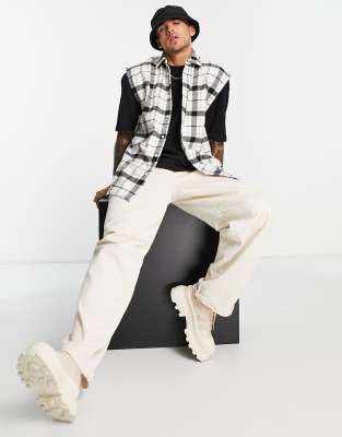 Topman sleeveless check shirt in white and stone - ASOS Price Checker