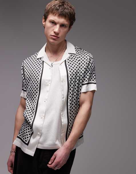 Topman - Chemise satinée à manches courtes avec motif géométrique - Noir - view 1