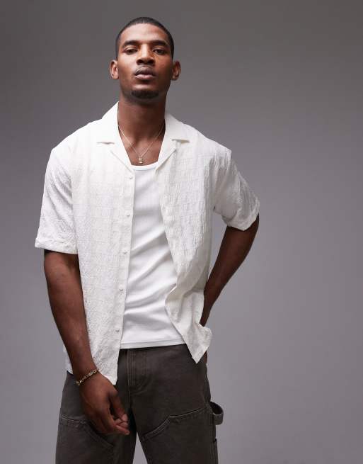 Topman - Chemise texturée à manches courtes effet quadrillage - Blanc