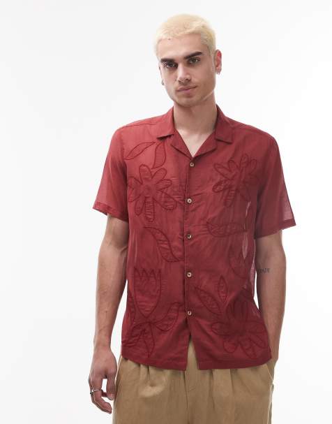 Topman - Chemise transparente à manches courtes et fleurs brodées - Rouge - view 1