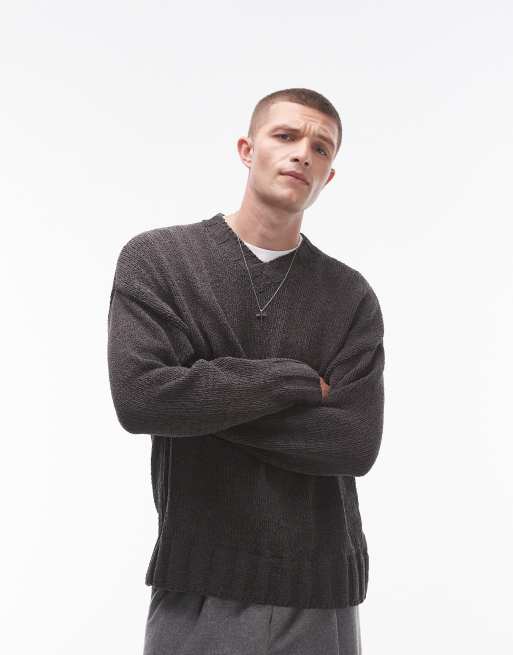 Topman chenille v neck jumper in charcoal