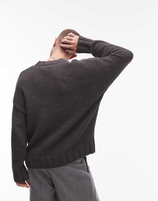 Topman chenille v neck jumper in charcoal