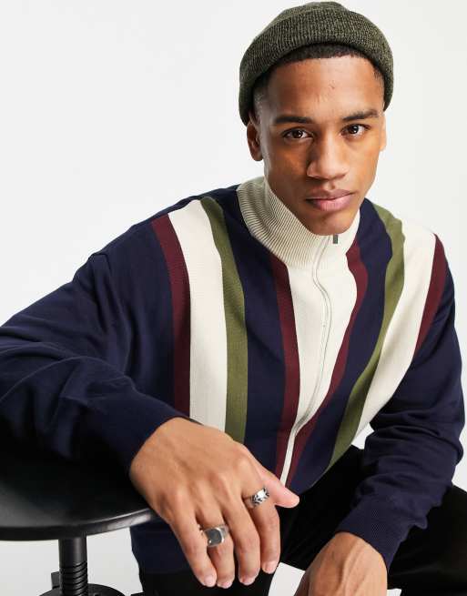 Topman chevron zip through cardigan in ecru and navy