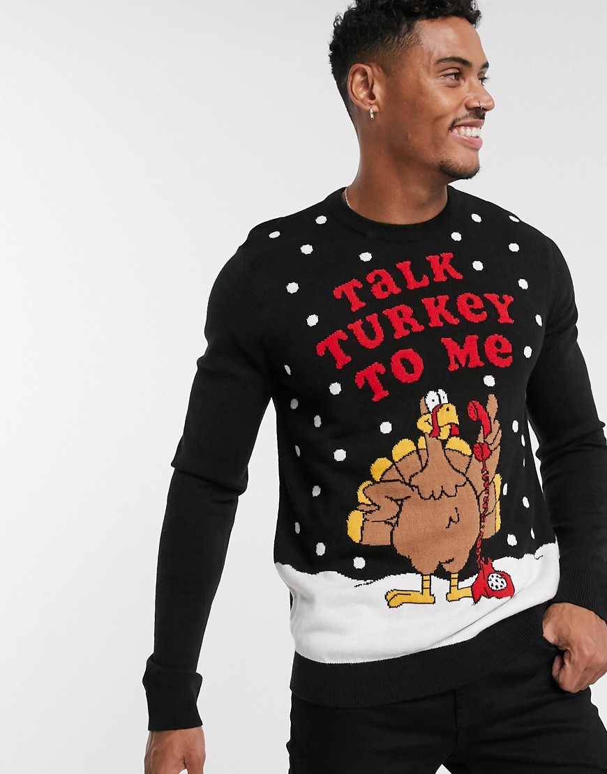 Topman Christmas jumper with turkey detail in black