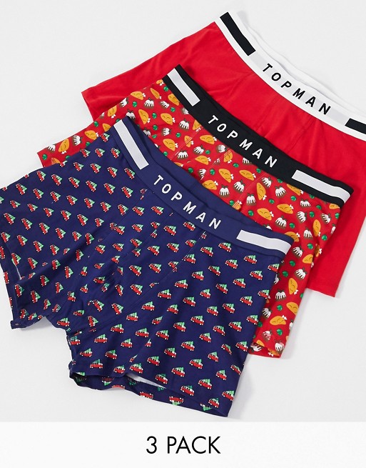Topman 3 pack trunks with Christmas print in red & navy