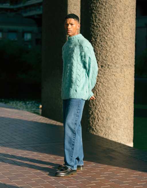 Topman chunky cable knit roll neck sweater in blue
