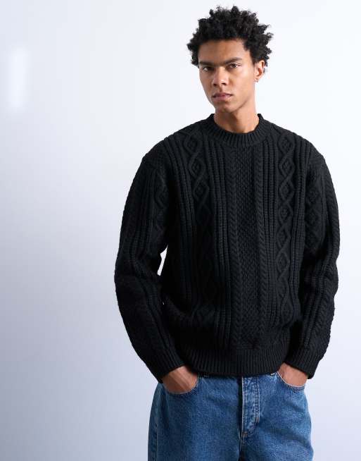 Topman chunky cable knit sweater in black | ASOS