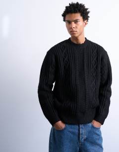 Model wearing Chunky cable knitted jumper in black