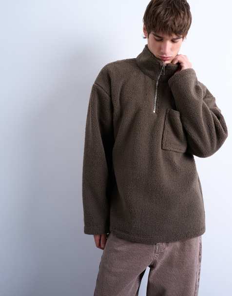 Topman 1/4 zip borg sweatshirt in  dark brown
