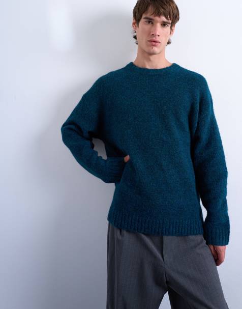 Topman loose knit crew jumper in dark blue