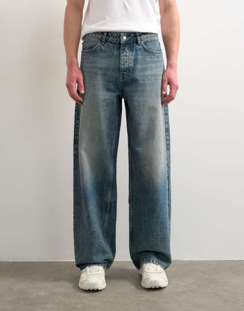 Topman circular design rigid baggy jeans in mid wash tint - view 1