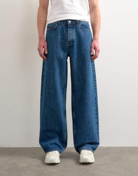 Topman circular design rigid baggy jeans in mid wash - view 1