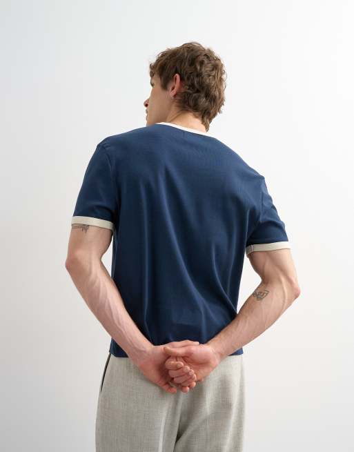 Topman classic cropped fit ringer t-shirt in navy , 4 of 5