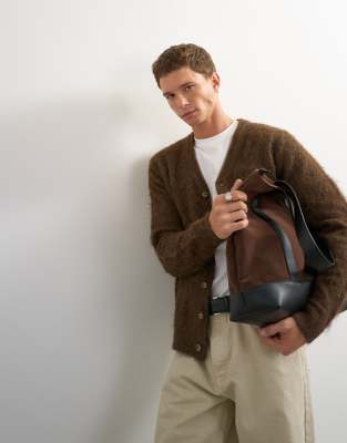 Topman Classic Fit Brushed Knit Cardigan In Brown