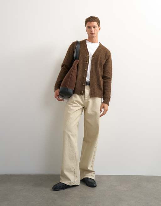 Topman classic fit brushed knit cardigan in brown, 3 of 5