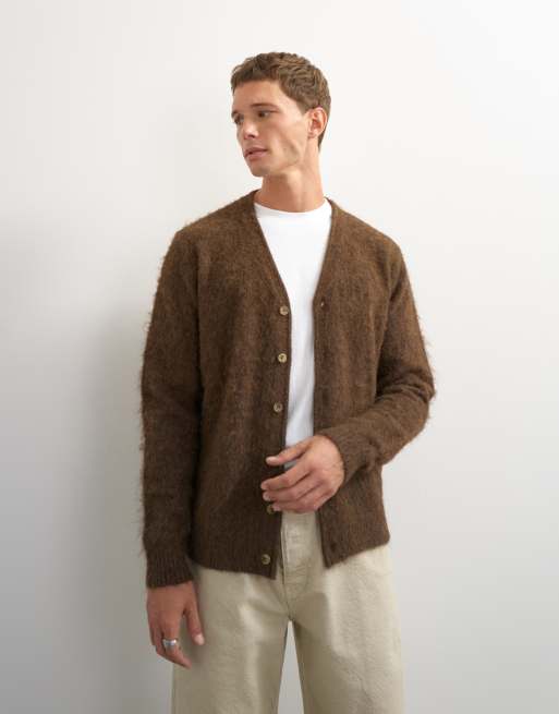 Topman classic fit brushed knit cardigan in brown, 4 of 5