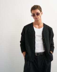 Model wearing Classic fit brushed knitted cardigan in black