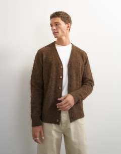 Model wearing Classic fit brushed knitted cardigan in brown