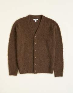 Model wearing Classic fit brushed knitted cardigan in brown