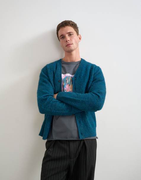 Topman classic fit brushed knitted cardigan in dark teal - view 1