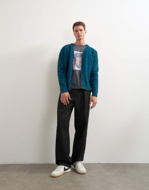 Topman classic fit brushed knitted cardigan in dark teal, 3 of 5