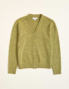 Model wearing Classic fit brushed knitted cardigan in green