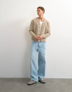 Model wearing Classic fit brushed knitted cardigan in oatmeal