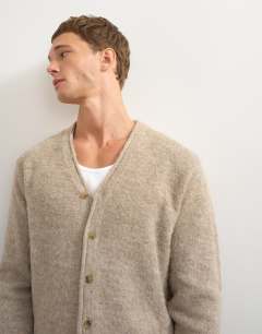 Model wearing Classic fit brushed knitted cardigan in oatmeal