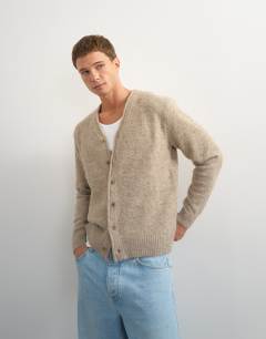 Model wearing Classic fit brushed knitted cardigan in oatmeal