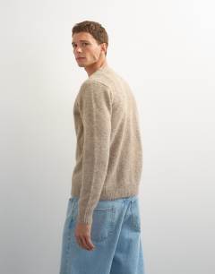 Model wearing Classic fit brushed knitted cardigan in oatmeal