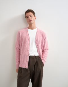 Model wearing Classic fit brushed knitted cardigan in pink