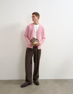 Model wearing Classic fit brushed knitted cardigan in pink