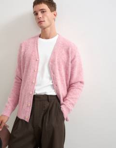 Model wearing Classic fit brushed knitted cardigan in pink