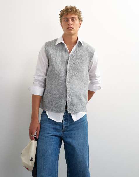 Topman classic fit button through knit tank in grey - view 1