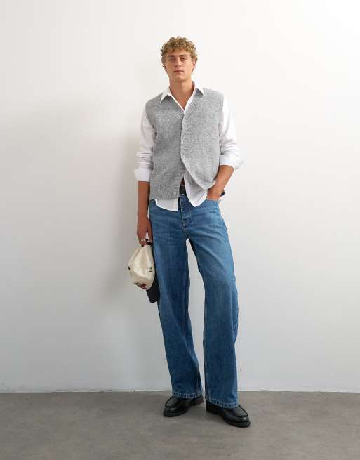 Topman classic fit button through knit tank in grey, 2 of 5