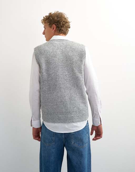 Topman classic fit button through knit tank in grey, 5 of 5