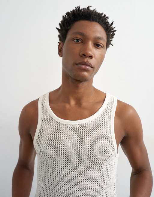 Topman classic fit crochet tank top in ecru, 4 of 5