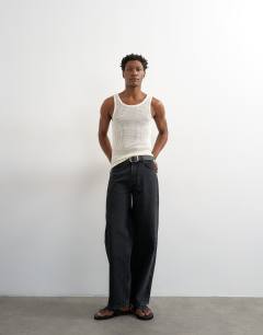 Model wearing Classic fit crochet vest in ecru