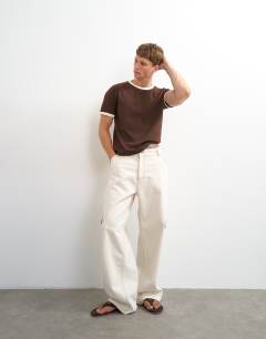 Model wearing Classic fit crop ringer t-shirt in brown