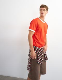 Model wearing Classic fit crop ringer t-shirt in red