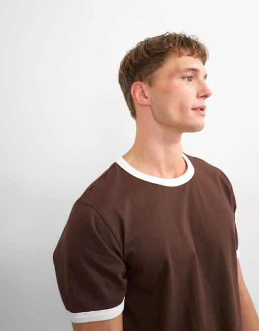 Topman classic fit cropped ringer T-shirt i brun, 5 af 5