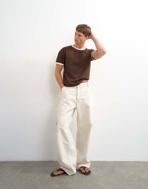Topman classic fit cropped ringer t-shirt in brown, 2 of 5