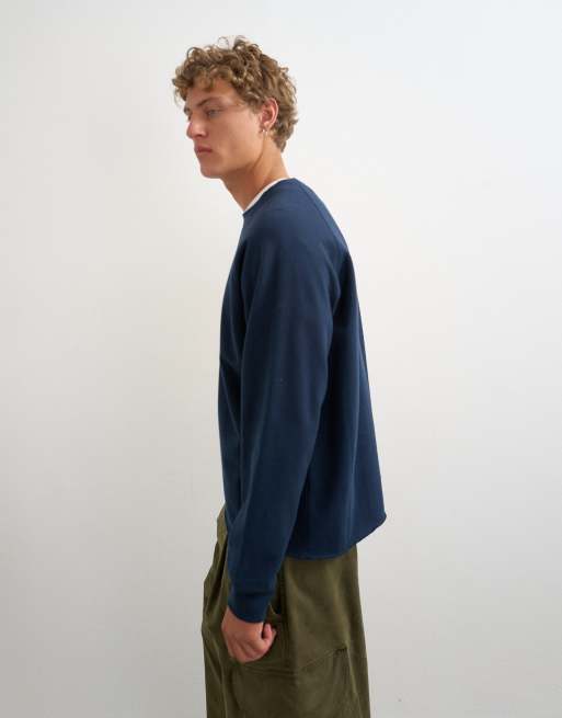 Topman classic fit cropped sweatshirt met raglanmouwen en onafgewerkte zoom in navy, 3 van 5