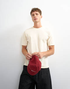 Model wearing Classic fit distressed raw hem t-shirt in ecru