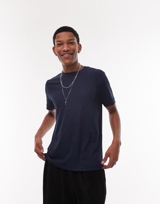 Topman classic fit drop ribbed t-shirt in navy