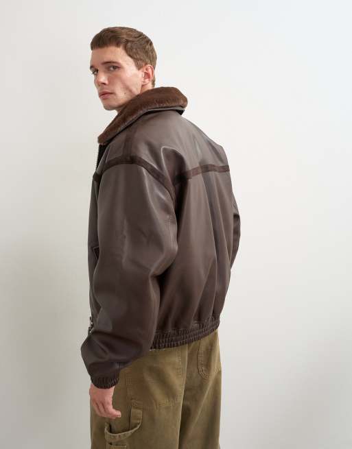 Topman classic fit faux leather bomber jacket with detachable faux fur collar in chocolate brown, 3 of 5