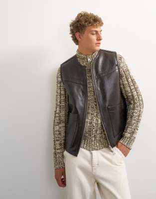 Topman Classic Fit Faux Leather Reversible Shearling Gilet In Brown